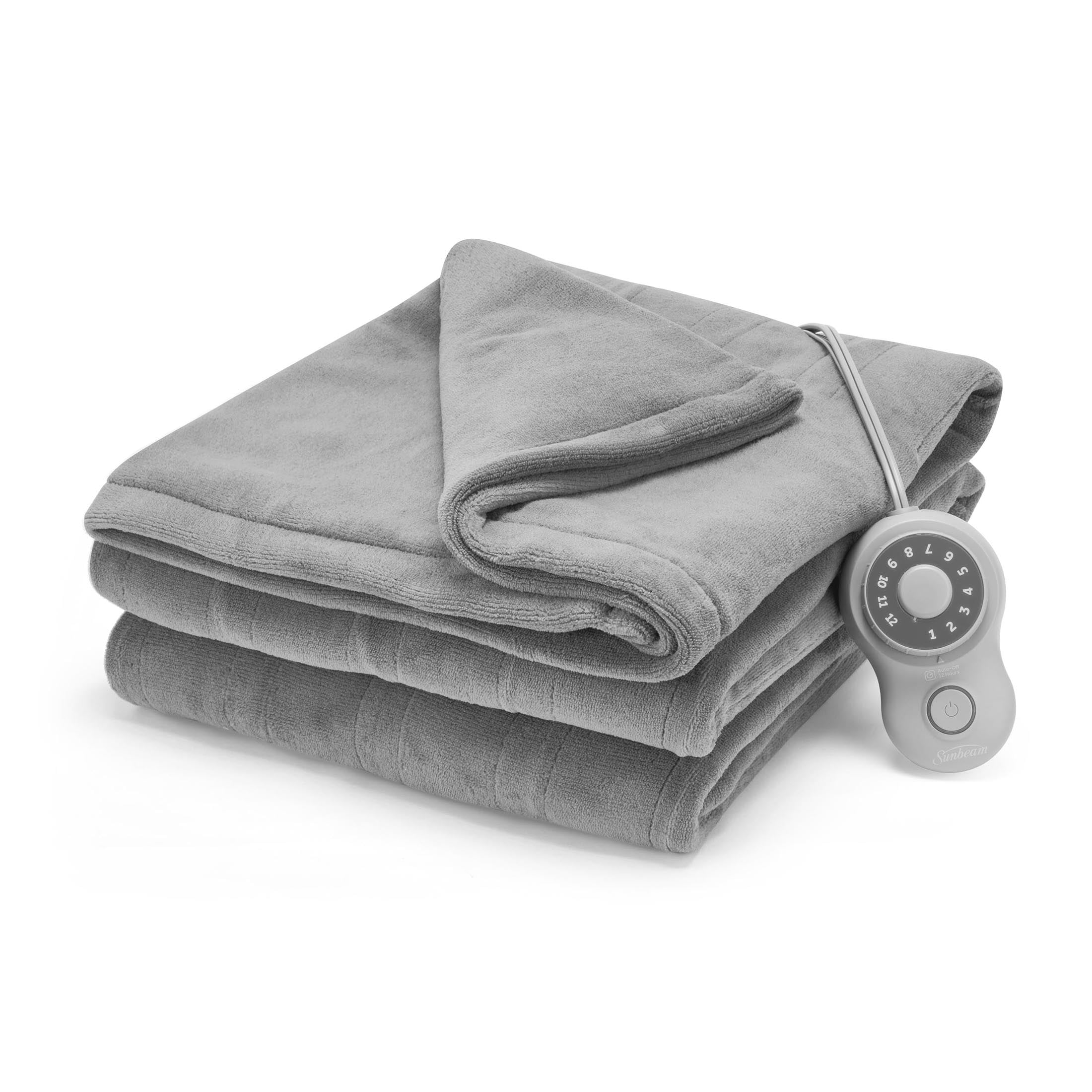 Sunbeam Full Blanket Grey Microplush, 12 Heat Settings, 12-Hour Auto Shut-Off, Electric Heated Blanket with Controller, 84" x 72"