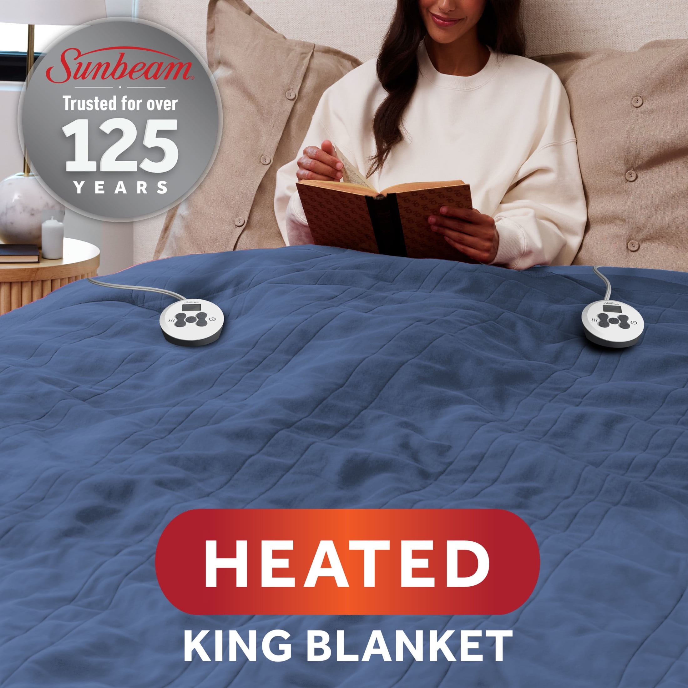 Sunbeam Heated Blanket Nordic Plush Blue 12 Heat Settings 12-Hour Auto Off King 100"x90"