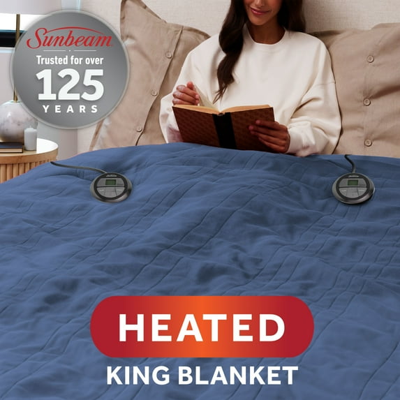 Sunbeam Heated Blanket Nordic Plush Blue 10 Heat Settings 10-Hour Auto Off King 100"x90"