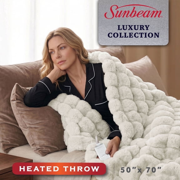Sunbeam Heated Cream Throw Blanket Bubble Faux Fur 4 Heat Settings 50x70