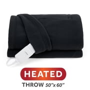 Sunbeam Heated Electric Brushed Fleece Throw Blanket, Black, 4 Heat Settings, 50 x 60 in