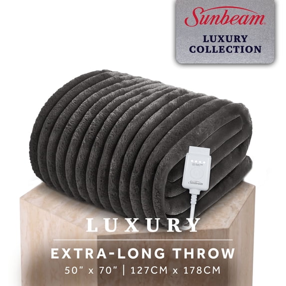 Sunbeam Heated Electric Channeled Faux Fur Throw Blanket, Greystone, 4 Heat Settings, 50 x 70 in