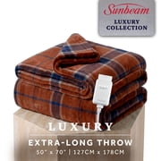 Sunbeam Heated Electric Luxe Plush Throw Blanket, Brown and Blue Shepherd Plaid, 4 Heat Settings, 50 x 70 in