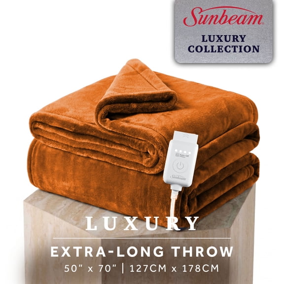 Sunbeam Heated Electric Luxe Plush Throw Blanket, Luxury Collection, Gingerbread, 4 Heat Settings, 50 x 70 in