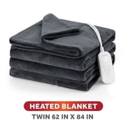 Sunbeam Heated Electric Microplush Bed Blanket, Greystone, Twin Size, 12 Heat Settings, 62 x 84 in