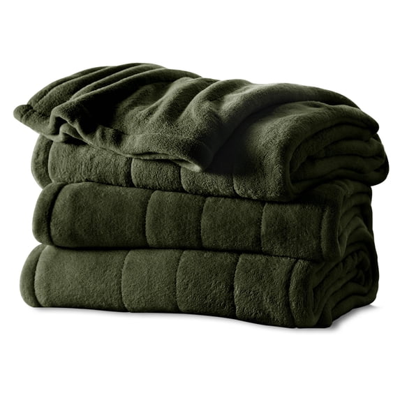 Sunbeam Heated Electric Microplush Blanket with 10 heat settings, Full, Olive