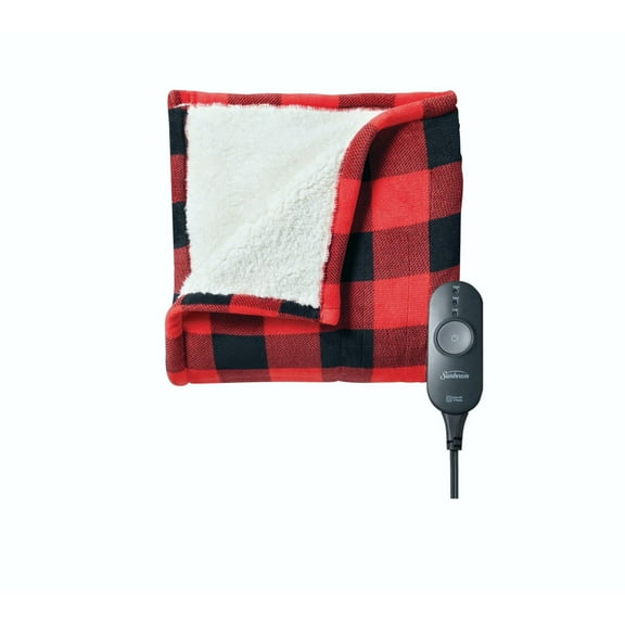 Sunbeam Microplush Reverse Sherpa Heated Throw (50" x 60"), Push Button Controller with 3 Heat Settings, Red/Black Plaid