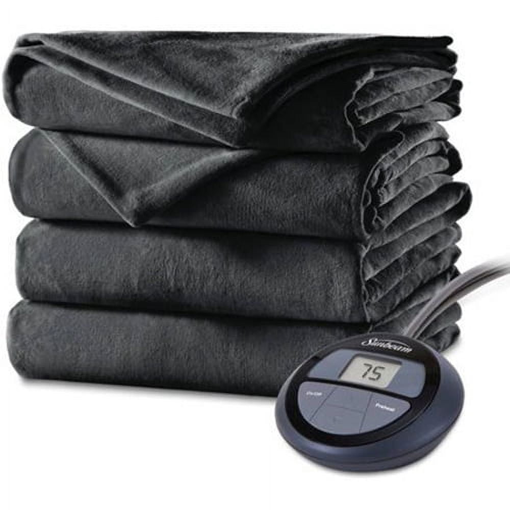 Sunbeam Heated Electric Velvet Plush Blanket with 10 heat settings, Full, Slate