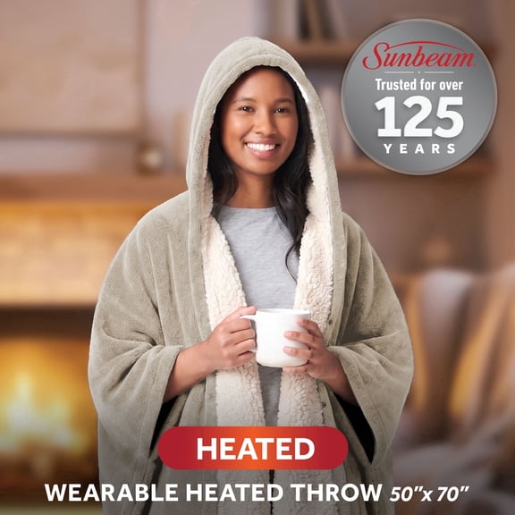 Sunbeam Heated Gray Wearable Sherpa Throw Blanket Hood Foot & Hand Pockets 4 Heat 50x70