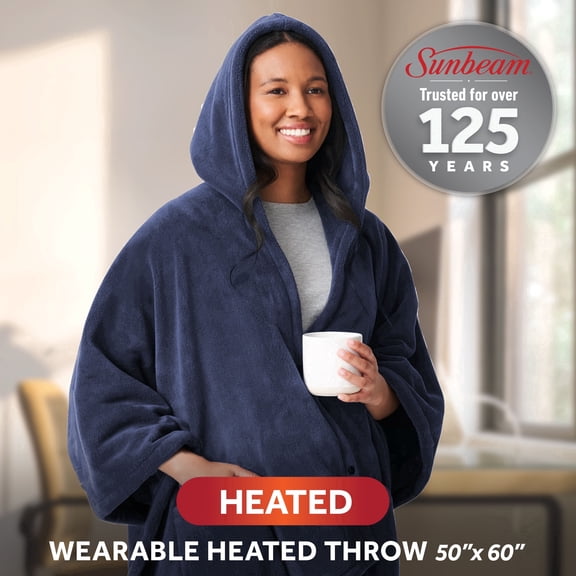 Sunbeam Heated Navy Blue Wearable Throw Blanket Sleeves & Hood 4 Heat 50x60