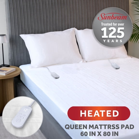 Sunbeam Heated Queen Mattress Pad Moisture Wicking Fleece 10 Heat Settings 60" x 80"