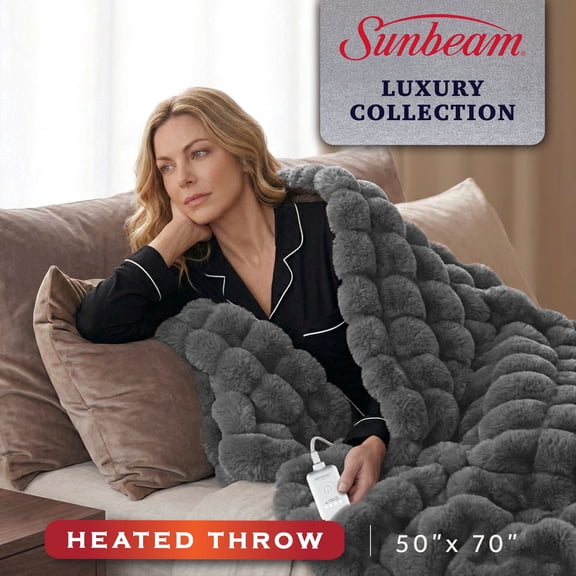 Sunbeam Heated Slate Gray Throw Blanket Bubble Faux Fur 4 Heat Settings 50x70