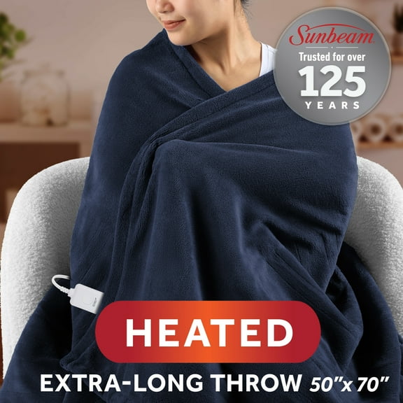 Sunbeam Electric Heated Throw Blanket Navy Blue Microplush 4 Heat Settings, 50x70