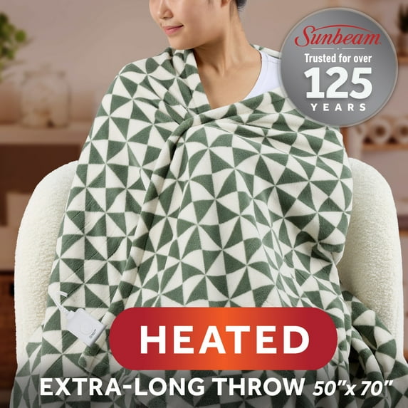 Sunbeam Electric Heated Throw Blanket Sage Triangle Microplush 4 Heat Settings, 50x70