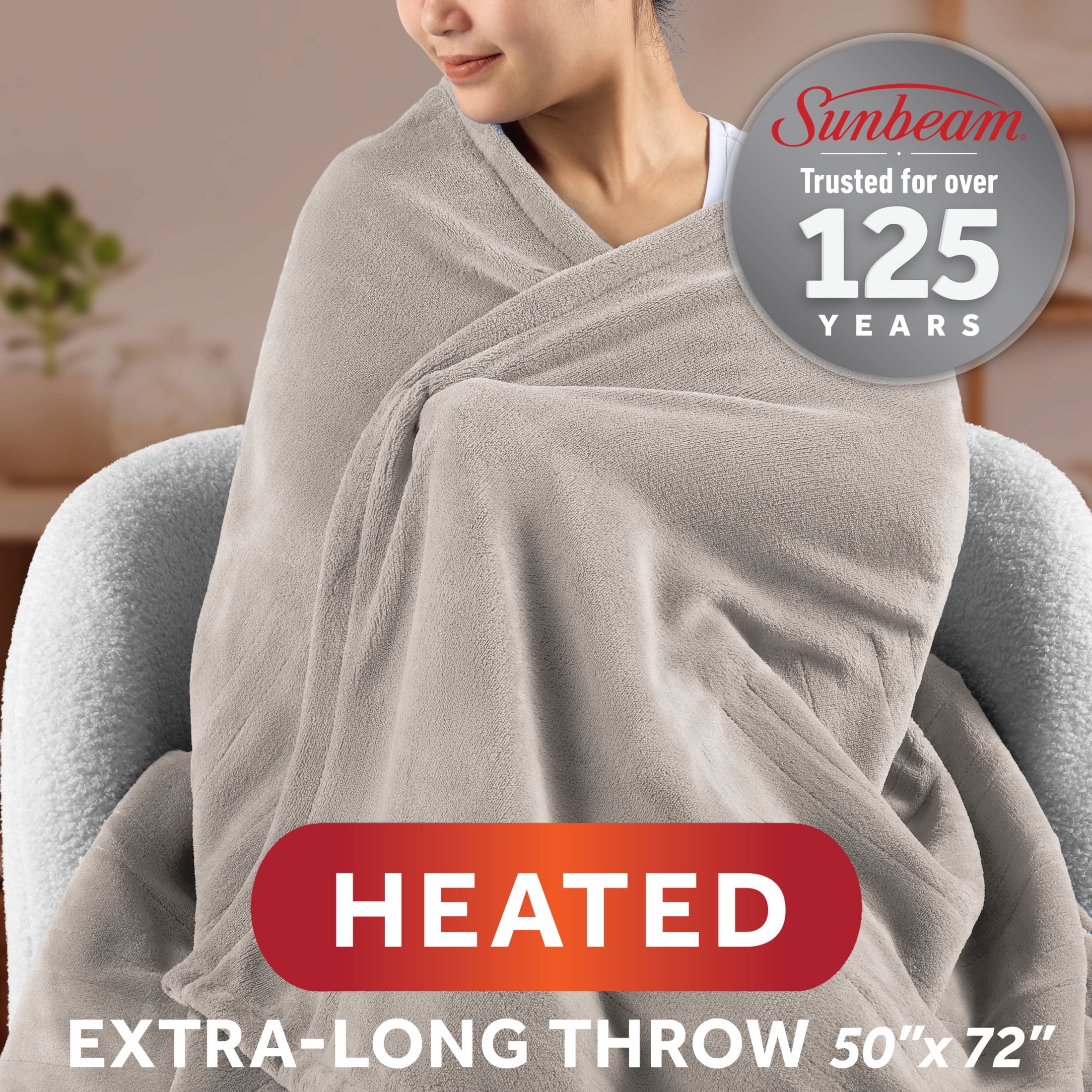 Sunbeam Heated Throw Blanket Cozy Royal Posh Hand/Foot Pocket Beige 4 Heat 50"x72"
