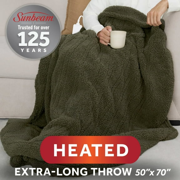 Sunbeam Electric Heated Throw Blanket Khaki Faux Shearling Foot Pocket 4 Heat Settings, 50x70