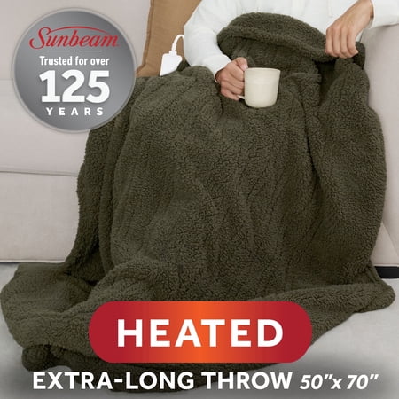 Sunbeam Heated Khaki Green Throw Blanket Faux Shearling Foot Pocket 4 Heat 50x70