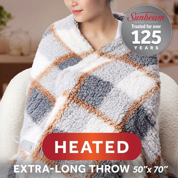 Sunbeam Heated Gray Plaid Throw Blanket Faux Shearling Foot Pocket 4 Heat 50x70