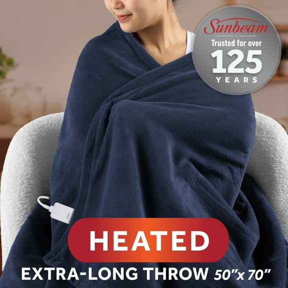 Sunbeam Electric Heated Throw Blanket Navy Microplush Faux Shearling 4 Heat Settings 50x70