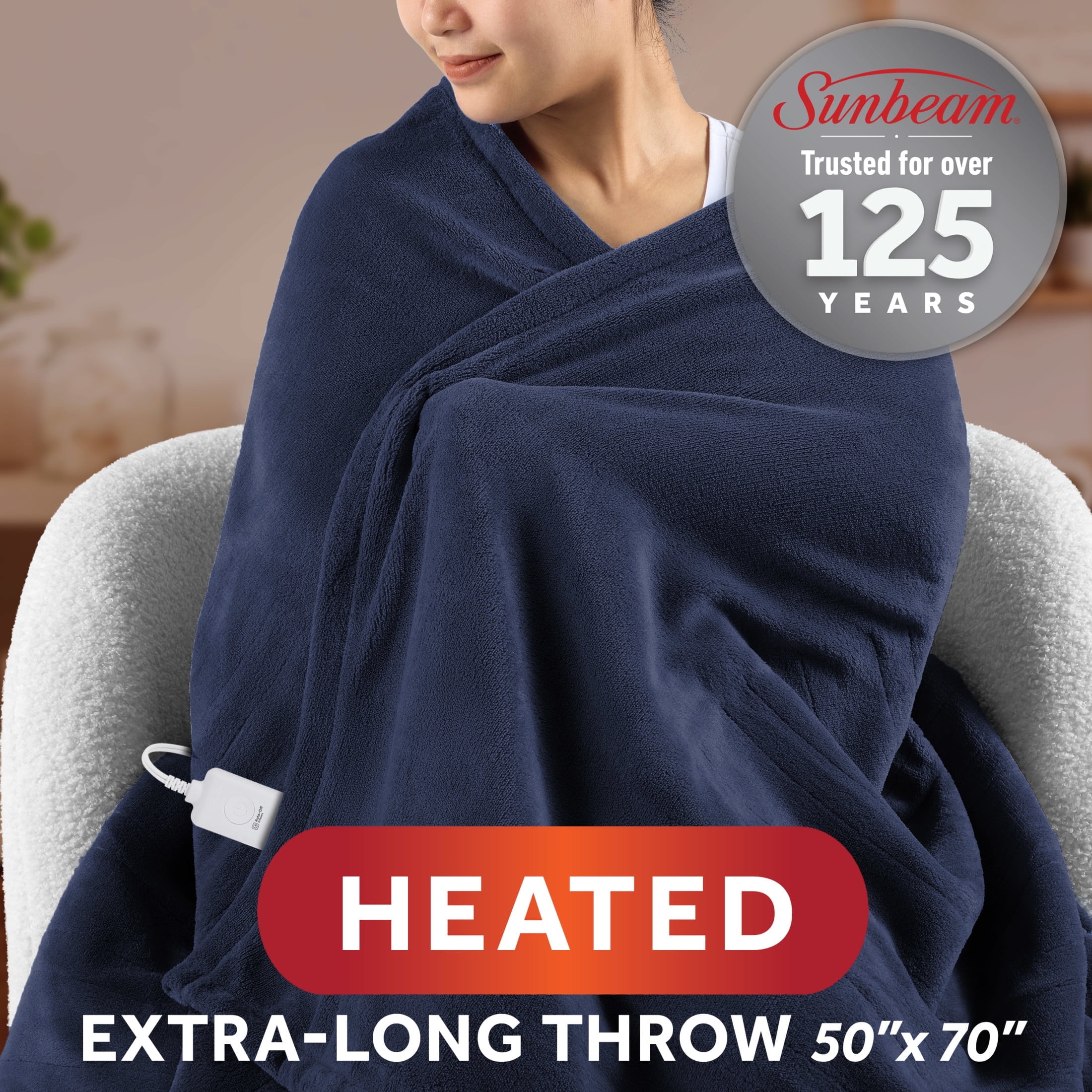 Sunbeam Electric Heated Throw Blanket Navy Microplush Faux