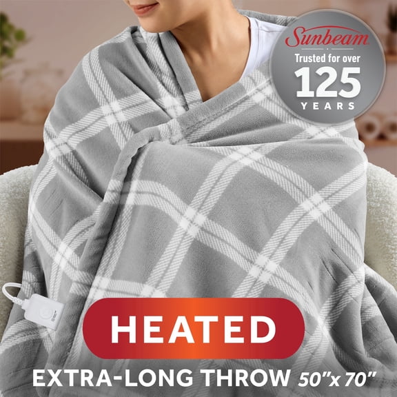 Sunbeam Heated Tartan Gray Throw Blanket Microplush Faux Shearling 4 Heat 50x70