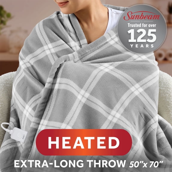 Sunbeam Heated Tartan Gray Throw Blanket Microplush Faux Shearling 4 Heat 50x70