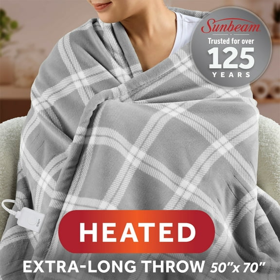 Sunbeam Electric Heated Throw Blanket Gray Tartan Microplush Faux Shearling 4 Heat Settings 50x70
