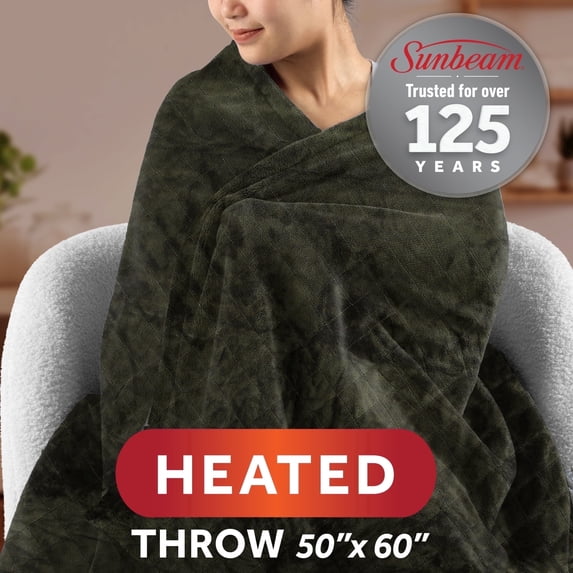 Sunbeam Heated Throw Blanket Quilted Royal Posh Sherpa Olive 4 Heat 50x60