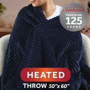 Sunbeam Heated Throw Blanket Textured Velvet Maritime Blue 3 Heat Settings 50"x60"