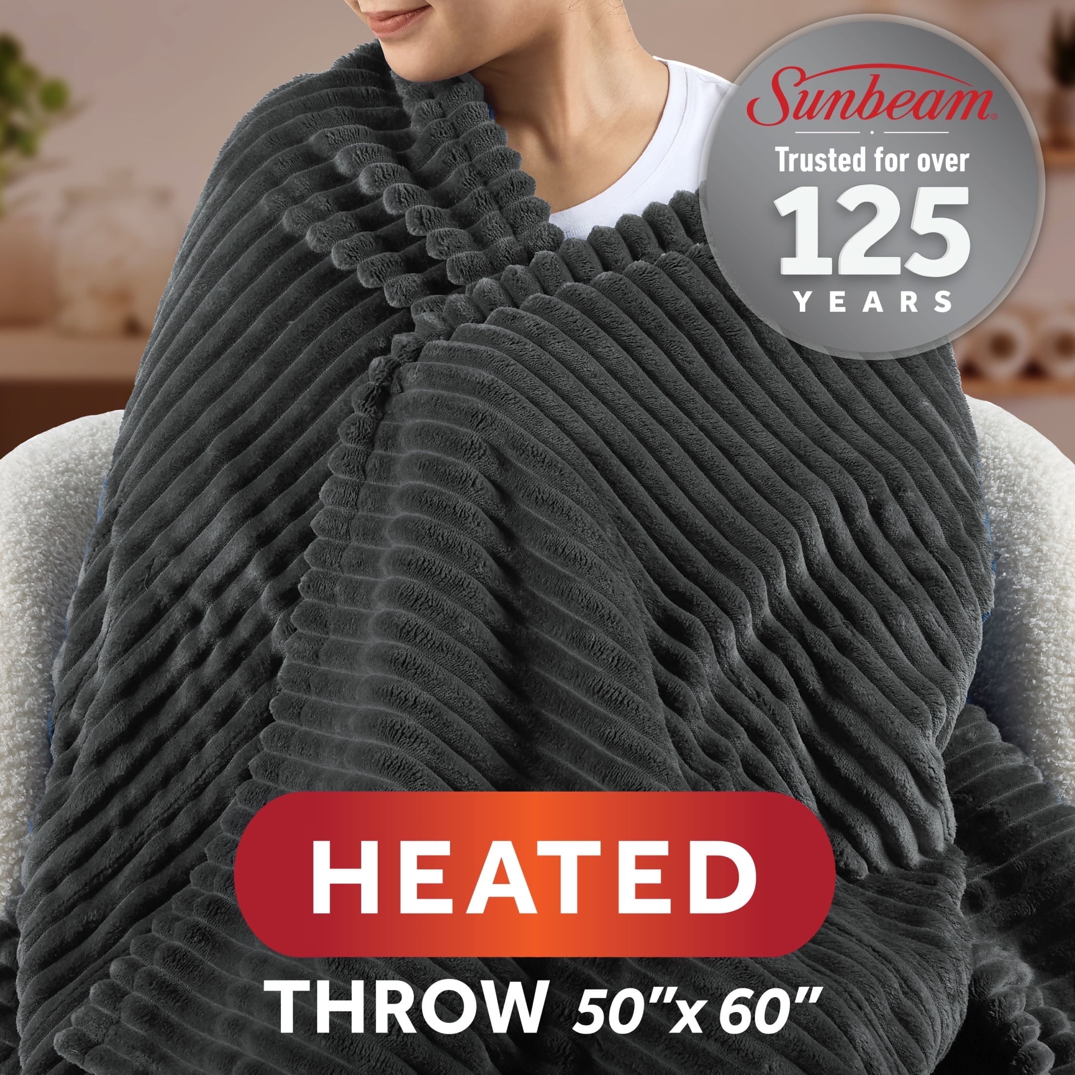 Sunbeam Heated Throw Blanket Textured Velvet Slate 3 Heat Settings 50"x60"