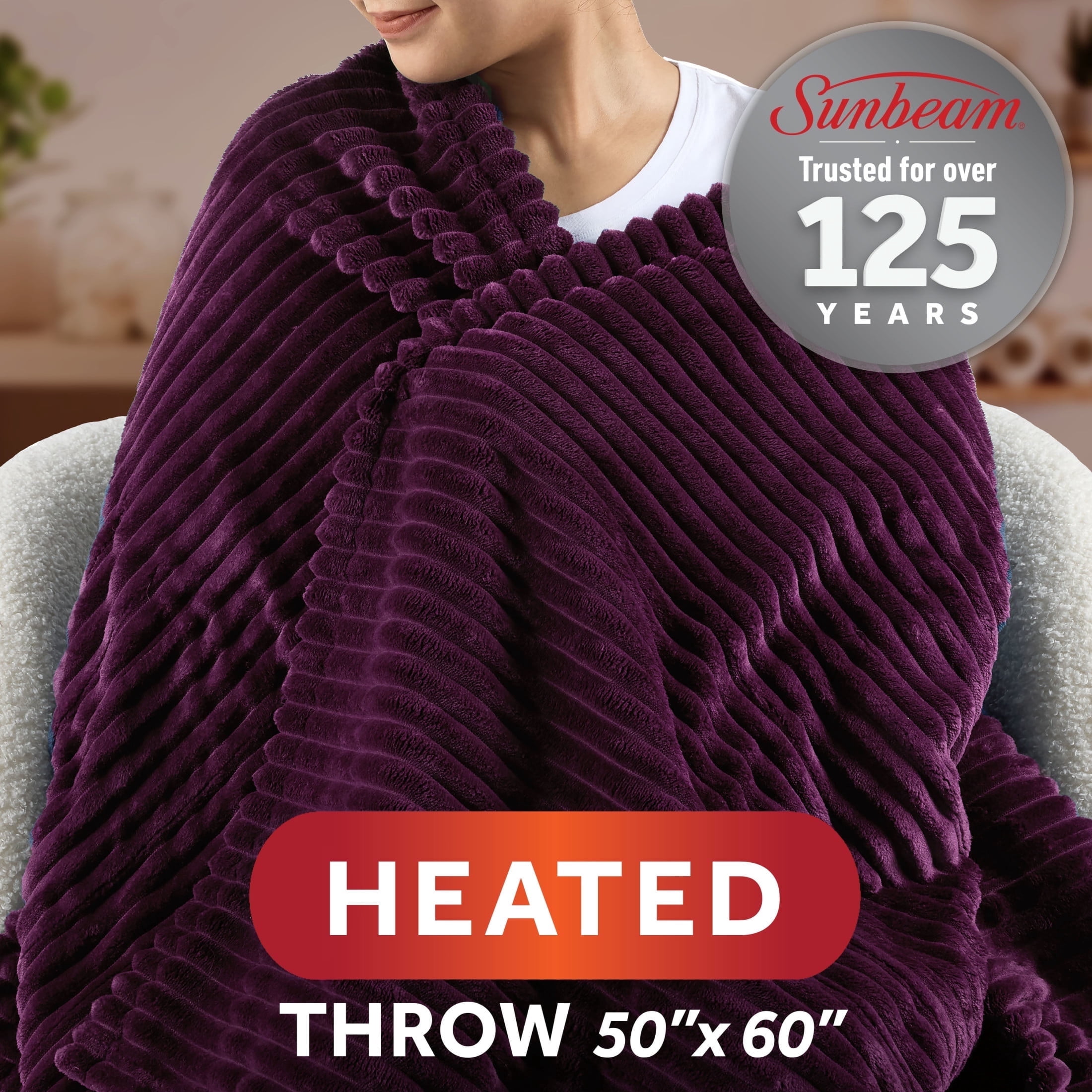 Sunbeam Heated Throw Blanket Textured Velvet Winter Bloom 3 Heat Settings 50"x60"
