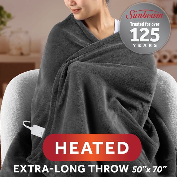 Sunbeam Heated Gray Throw Blanket Ultimate Cozy Microplush 4 Heat Settings 50x72
