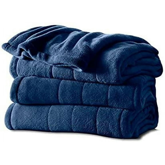 Sunbeam King Velvetplush Electric Heated Blanket 10 Heat Settings Preheat Feature 2 Digital Controllers, Blue