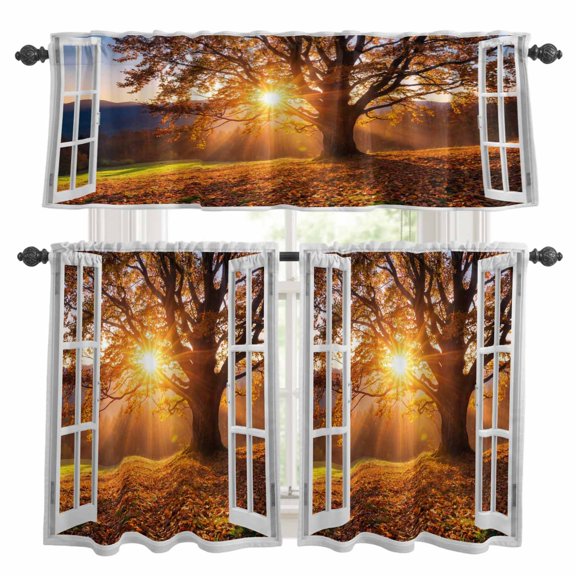 Sunbeam Kitchen Curtains and Valances Set, Open Window Fall Forest Old Oak Tree Sunburst Light Rustic Rod Pocket Window Valance Window Curtain Panels for Living Room Bedroom, 27.5x36in, 3 Pieces