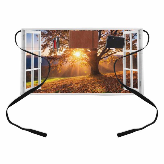 Sunbeam Kitchen Restaurant Half Waist Apron, Open Window Fall Forest Old Oak Tree Sunburst Light Rustic Server Short Apron with 3 Pockets Waterproof Oil Waist Aprons for Women Waitress Waiter