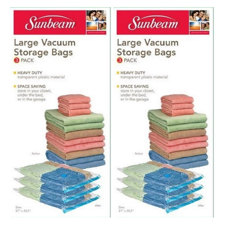Sunbeam Large Vacuum Storage Bags 3 Count Heavy Duty Plastic New Clear, 2  Pack