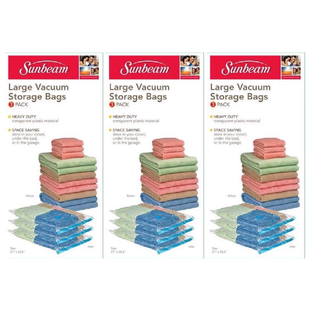 Sunbeam Large Vacuum Storage Bags Heavy Duty Plastic 3 Count Clear, 3