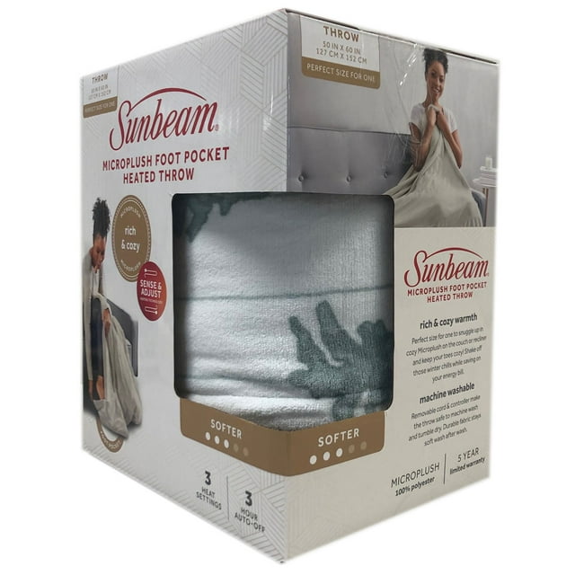 Sunbeam Microplush Comfy Toes Electric Heated Throw Blanket Foot Pocket