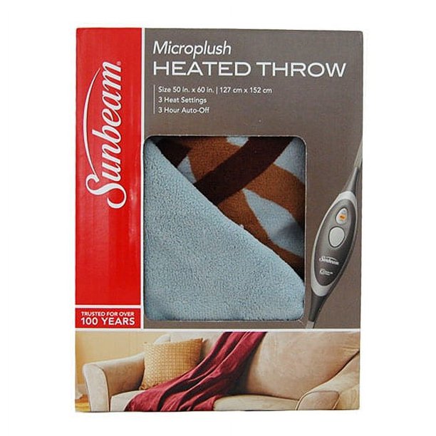 Sunbeam Microplush Electric Heated Throw Blanket Blue Brown