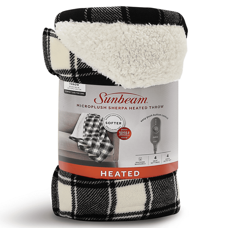 Sunbeam Microplush Sherpa Electric Heated Throw Blanket, Black and