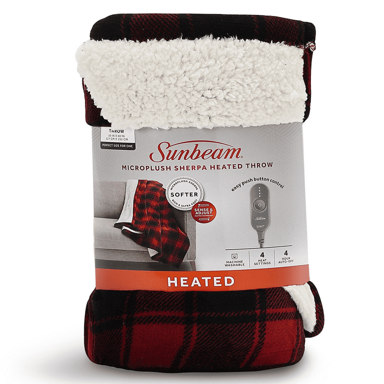 Free Shipping Sunbeam Microplush Sherpa Electric Heated Throw Blanket Red and Black Buffalo Plaid Walmart