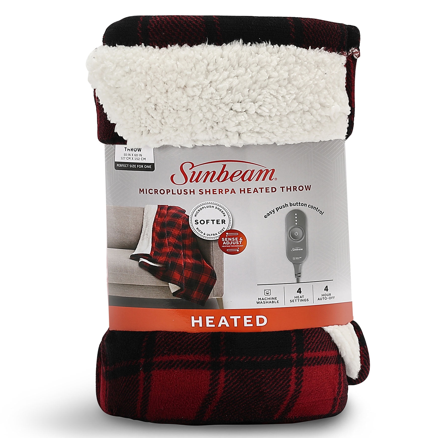 Sunbeam Microplush Sherpa Electric Heated Throw Blanket, Red and Black Buffalo Plaid - image 1 of 9