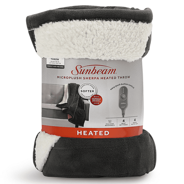 Sunbeam Microplush Sherpa Electric Heated Throw Blanket, Slate Gray