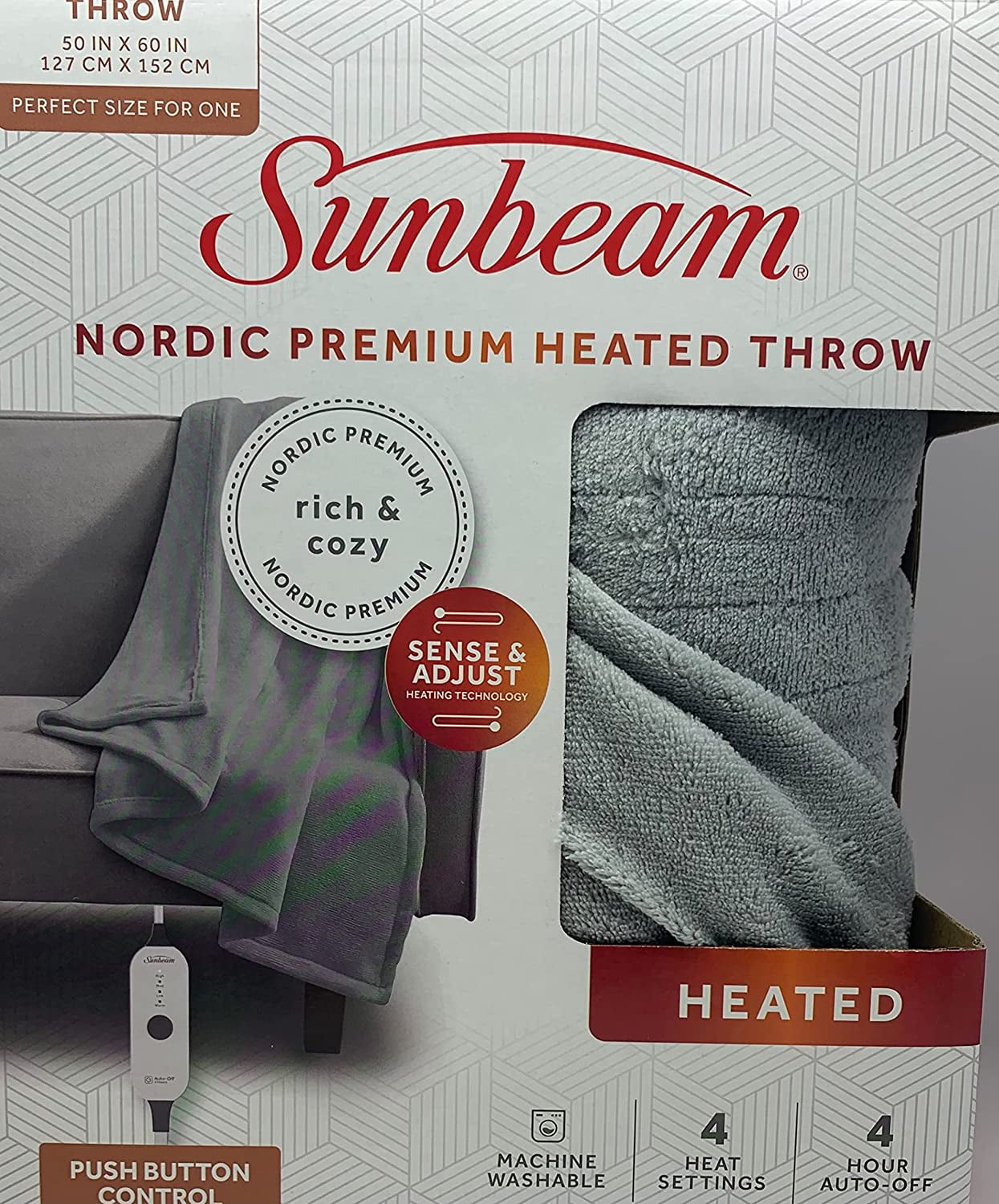 Sunbeam Nordic Premium Electric Heated Throw Blanket with 4 Heat Settings Controller, 4-Hour Auto Shut-Off, Overheat Protection UL Certified (50" x 60") (Marble Grey)