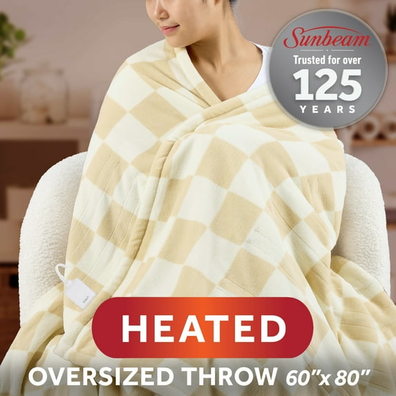 Sunbeam Electric Heated Throw Blanket Gray Checkerboard Microplush Faux Shearling 4 Heat Settings 60x80