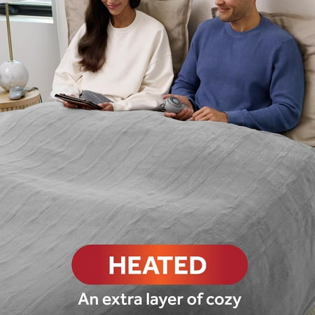 Sunbeam Queen Blanket Grey Microplush, 12 Heat Settings, 12-Hour Auto Shut-Off, Electric Heated Blanket with Controller, 90" x 84"