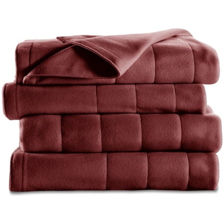 Sunbeam Quilted Fleece Electric Heated Warming Blanket Twin Garnet