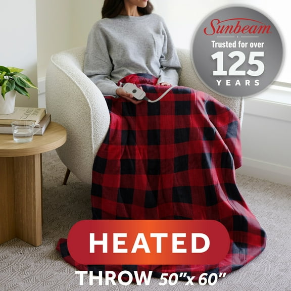 Sunbeam Heated Throw Blanket Nordic Buffalo Plaid 4 Heat Settings 4 Hour Shut Off 50"x60"