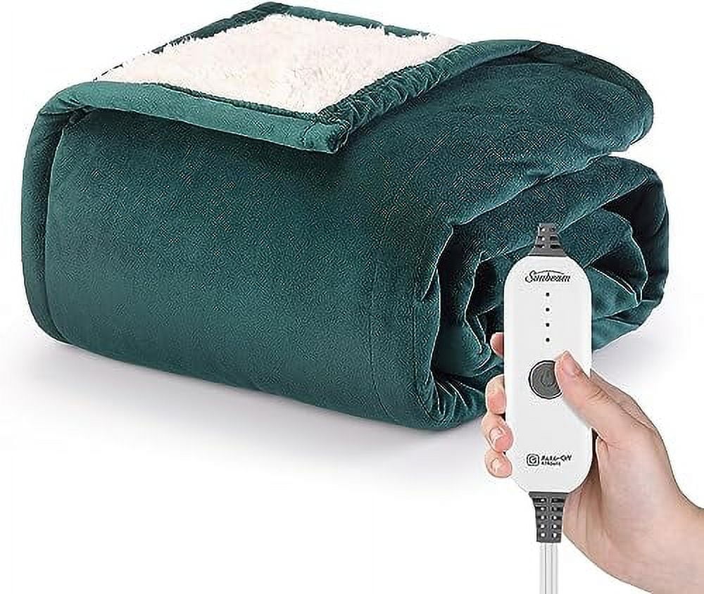 Sunbeam Royal Mink Sherpa Botanical Green Heated Personal Throw Blanket Full