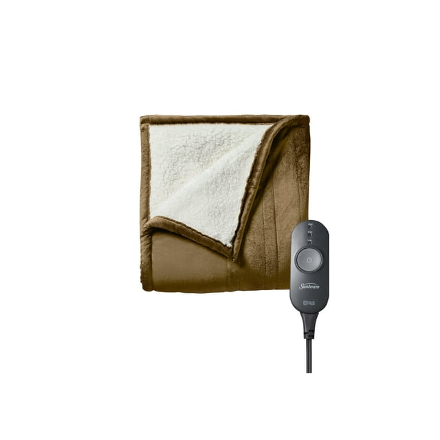 Sunbeam Royal Mink Sherpa Electric Plush Heated Throw Blanket with